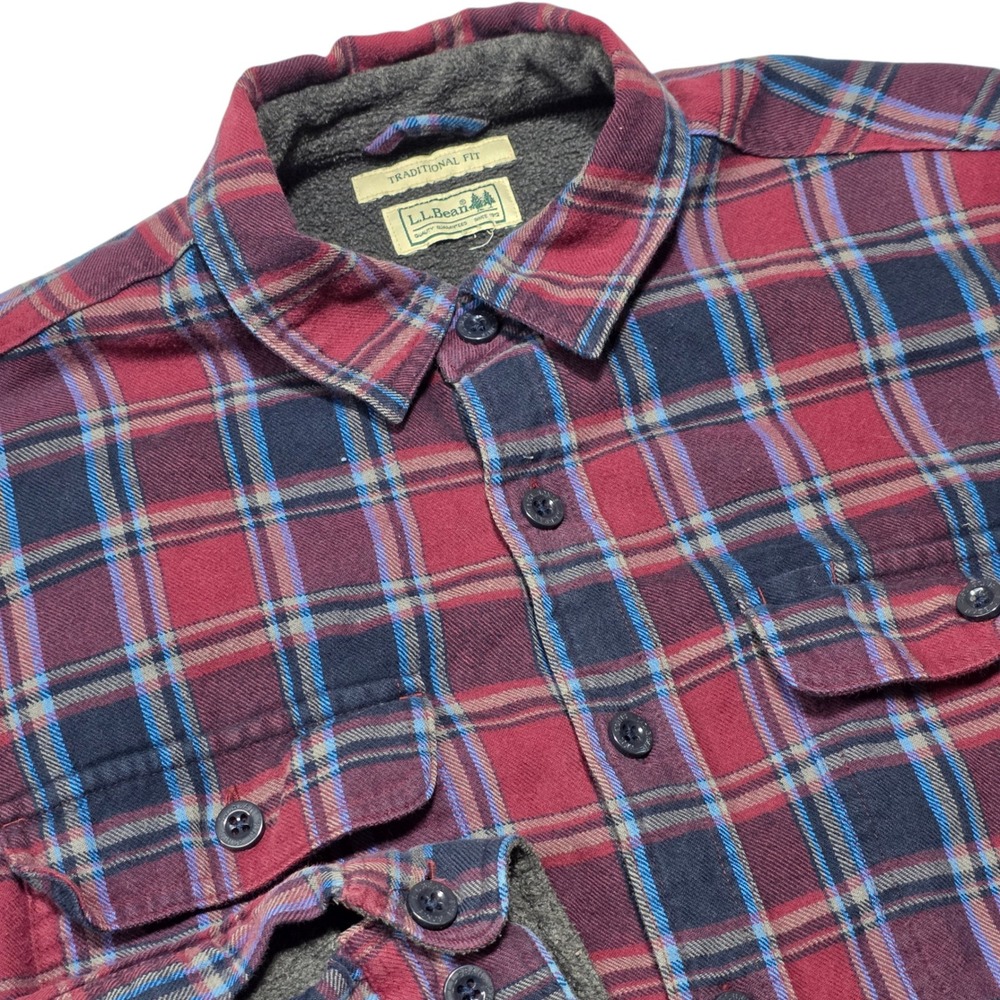 LL Bean Traditional Fit Fleece Lined Plaid Shirt Jacket Men's Burgundy Blue M‎